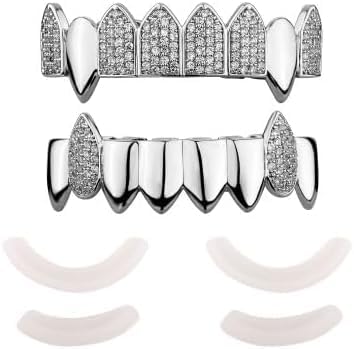 18K Gold Plated Vampire Fangs Teeth Caps Iced Out CZ Top and Bottom Vampire Fangs Grillz for men women