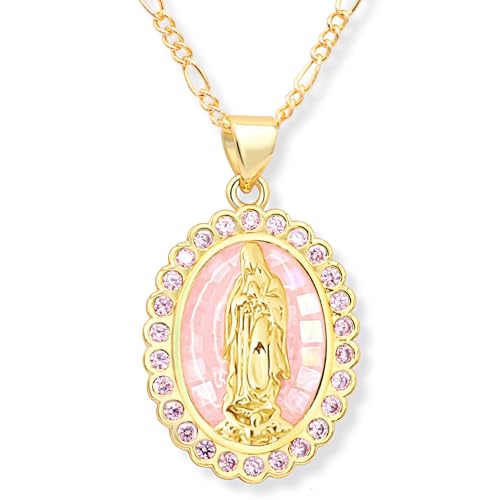 18K Gold Plated Virgin Mary Necklace - Religious Gifts - Catholic Necklace For Women - Catholic Jewelry for Women - Mother Mary Pendant - Includes Gift Box (Pink)