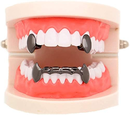 18K Gold Vampire Dracula Teeth Grillz 2pc Single Fangs And 6 Bottom Grillz Set