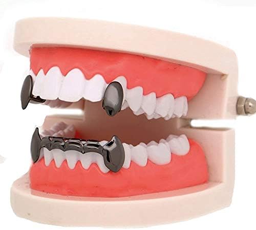 18K Gold Vampire Dracula Teeth Grillz 2pc Single Fangs And 6 Bottom Grillz Set