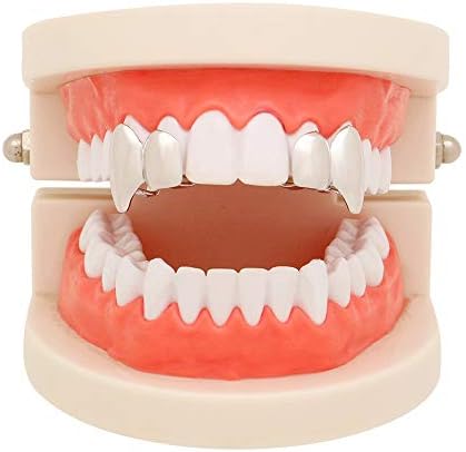 2 Pcs 18K Gold Plated Double Tooth Cap Hip Hop Teeth Grillz Vampire Fangs Grills Set For Men And Women Rapper Cosplay Costume