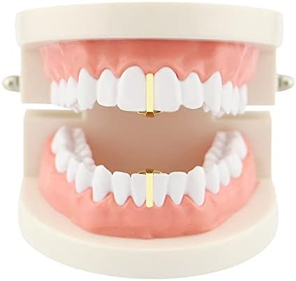 2 Pcs 18K Gold Plated Hip Hop Teeth Grillz Caps Single Plain Gap Grillz Single Tooth Top and Bottom Grills for Your Teeth