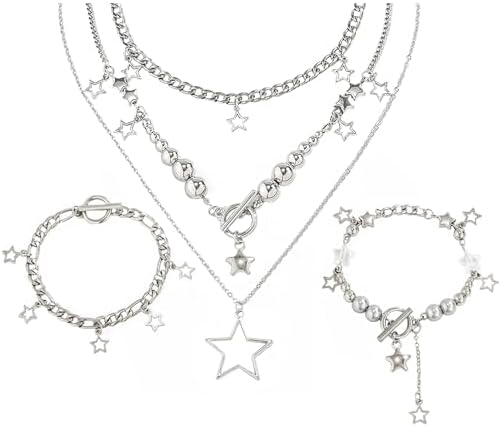 2 Pieces Silver Star Necklace Y2K Jewelry Set Grunge Necklace Kawaii Cute Necklaces Aesthetic Vintage Emo Jewelry