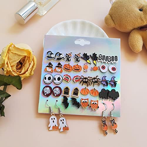 20/24 Pairs Hypoallergenic Halloween Earrings For Girls Cute Stud Earrings Sets Halloween Earrings For Women Teen Girls Pumpkin Spider Bat Black Cat Ghost Witch Candy Spooky Earrings Halloween Jewelry Fall Earring Set