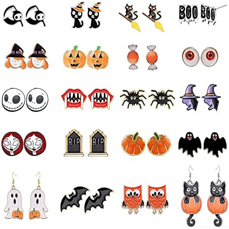 20/24 Pairs Hypoallergenic Halloween Earrings for Girls Cute Stud Earrings Sets Halloween Earrings for Women Teen Girls Pumpkin Spider Bat Black Cat Ghost Witch Candy Spooky Earrings Halloween Jewelry Fall Earring Set