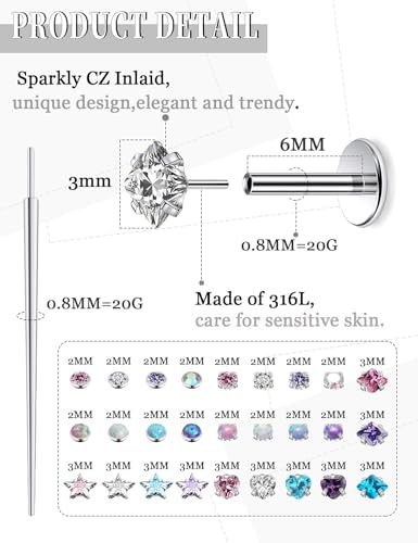 20G 18G 16G Threadless Nose Rings Studs Flat Back Earrings Surgical Stainless Steel Opal Nose Rings Stud Tragus Helix Conch Cartilage Earrings Piercing Jewelry For Women Men Hypoallergenic