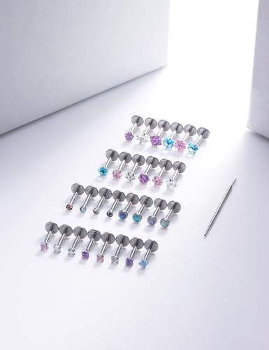 20G 18G 16G Threadless Nose Rings Studs Flat Back Earrings Surgical Stainless Steel Opal Nose Rings Stud Tragus Helix Conch Cartilage Earrings Piercing Jewelry For Women Men Hypoallergenic