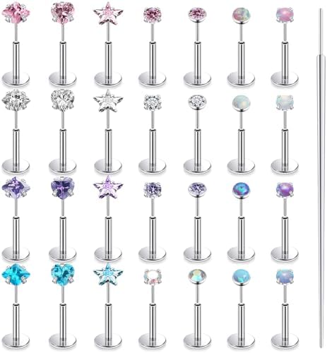 20G 18G 16G Threadless Nose Rings Studs Flat Back Earrings Surgical Stainless Steel Opal Nose Rings Stud Tragus Helix Conch Cartilage Earrings Piercing Jewelry For Women Men Hypoallergenic