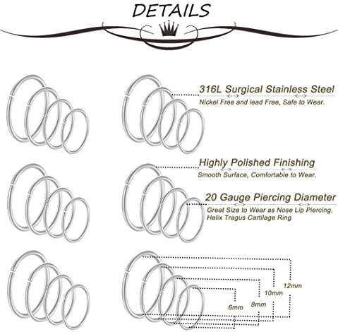 24 件 20G 316L 不锈钢鼻环环耳屏软骨螺旋穿孔唇中隔环 6-12MM 可弯曲