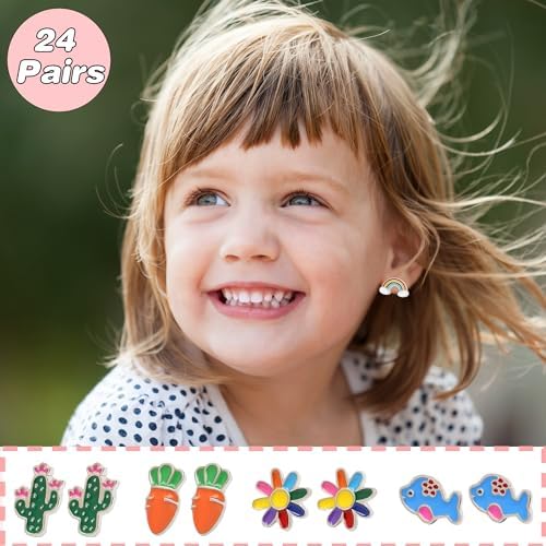 24 Pairs Hypoallergenic Stud Earrings For Girls Kids Cute Stainless Steel Earrings Fun Mushroom Butterfly Flower Rainbow Frog Earrings Set Jewelry For Little Girls Women