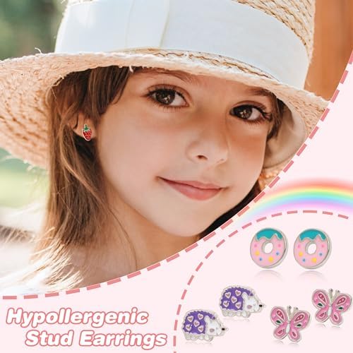 24 Pairs Hypoallergenic Stud Earrings For Girls Kids Cute Stainless Steel Earrings Fun Mushroom Butterfly Flower Rainbow Frog Earrings Set Jewelry For Little Girls Women