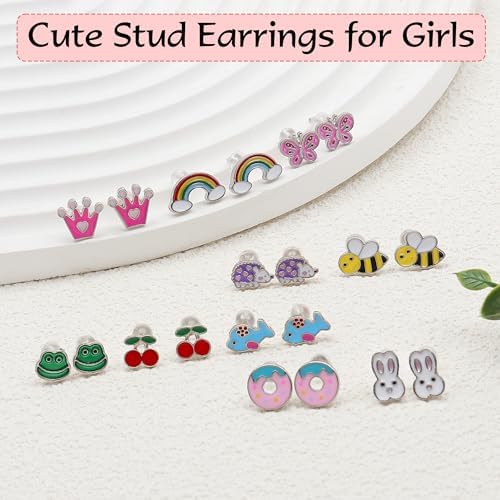 24 Pairs Hypoallergenic Stud Earrings For Girls Kids Cute Stainless Steel Earrings Fun Mushroom Butterfly Flower Rainbow Frog Earrings Set Jewelry For Little Girls Women
