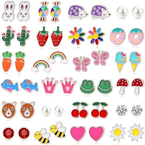 24 Pairs Hypoallergenic Stud Earrings for Girls Kids Cute Stainless Steel Earrings Fun Mushroom Butterfly Flower Rainbow Frog Earrings Set Jewelry for Little Girls Women