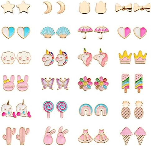 24 Pairs Hypoallergenic Stud Earrings Set for Girls Sensitive Ears With Stainless Steel Post Colorful Cute Earrings for Girls Women