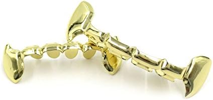 24K Gold Plated Grillz Vampire Fangs Grill Top & Bottom Hip Hop Mouth Teeth Caps For Gift + Extra Molding Bars + Microfiber Cloth