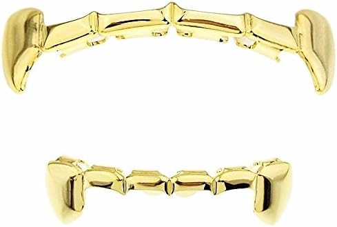 24K Gold Plated Grillz Vampire Fangs Grill Top & Bottom Hip Hop Mouth Teeth Caps For Gift + Extra Molding Bars + Microfiber Cloth