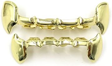 24K Gold Plated Grillz Vampire Fangs Grill Top & Bottom Hip Hop Mouth Teeth Caps For Gift + Extra Molding Bars + Microfiber Cloth