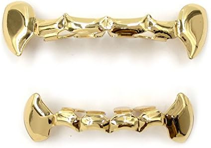 24K Gold Plated Grillz Vampire Fangs Grill Top & Bottom Hip Hop Mouth Teeth Caps For Gift + Extra Molding Bars + Microfiber Cloth