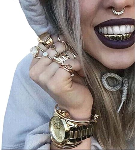 24K Gold Plated Hip Hop Teeth Grillz Punk Custom Fit Polished Teeth Grillz Caps Top & Bottom Grill Set With 2 Silicon Molding Bars Removable Grills For Women Men Gift Halloween Party