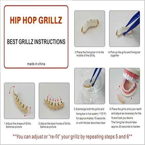 24K Gold Plated Hip Hop Teeth Grillz Punk Custom Fit Polished Teeth Grillz Caps Top & Bottom Grill Set With 2 Silicon Molding Bars Removable Grills For Women Men Gift Halloween Party
