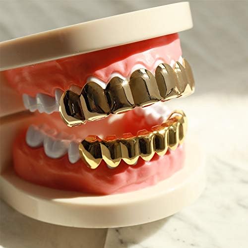 24K Plated Gold Grillz 8 Teeth Mouth Top & Bottom Set Hip Hop Bling Grills For Men + Microfiber Cloth