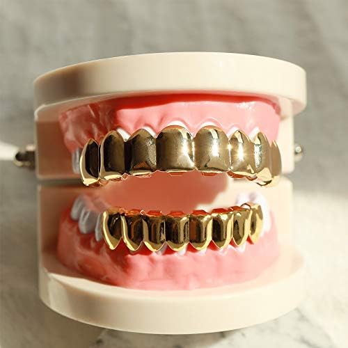 24K Plated Gold Grillz 8 Teeth Mouth Top & Bottom Set Hip Hop Bling Grills For Men + Microfiber Cloth