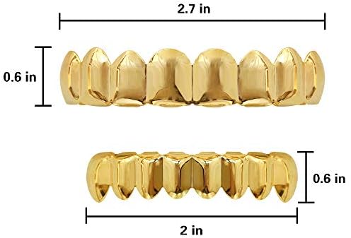 24K Plated Gold Grillz 8 Teeth Mouth Top & Bottom Set Hip Hop Bling Grills For Men + Microfiber Cloth