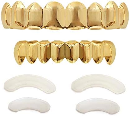 24K Plated Gold Grillz 8 Teeth Mouth Top & Bottom Set Hip Hop Bling Grills for Men + Microfiber Cloth