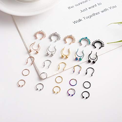 25Pcs Stainless Steel Fake Nose Ring Hoop For Men Women Faux Lip Ear Septum Ring Non-Pierced Body Jewelry