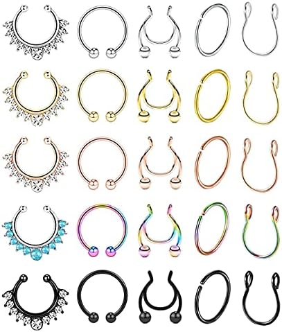 25Pcs Stainless Steel Fake Nose Ring Hoop for Men Women Faux Lip Ear Septum Ring Non-Pierced Body Jewelry