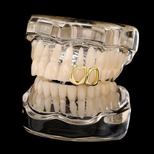 2Pcs 14K Gold Plated Hip Hop Teeth Grillz Punk Custom Fit Teeth Grillz Caps Hollow Out Double Teeth Grills For Your Teeth Gold Grillz For Men Women