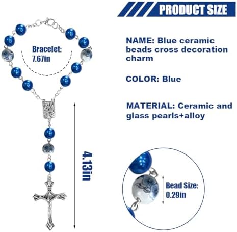 2PCS Car Rosary For Rearview Mirror Blue Ceramic Beads Pendant Car Interior Rear View Mirror Charm Auto Decor Medal And Cross Hanging Accessories For Women Men
