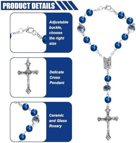 2PCS Car Rosary For Rearview Mirror Blue Ceramic Beads Pendant Car Interior Rear View Mirror Charm Auto Decor Medal And Cross Hanging Accessories For Women Men