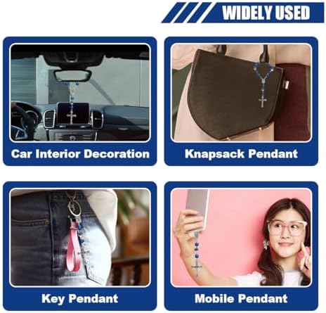 2PCS Car Rosary For Rearview Mirror Blue Ceramic Beads Pendant Car Interior Rear View Mirror Charm Auto Decor Medal And Cross Hanging Accessories For Women Men