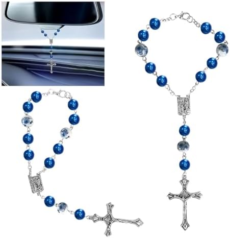 2PCS Car Rosary for Rearview Mirror Blue Ceramic Beads Pendant Car Interior Rear View Mirror Charm Auto Decor Medal and Cross Hanging Accessories for Women Men