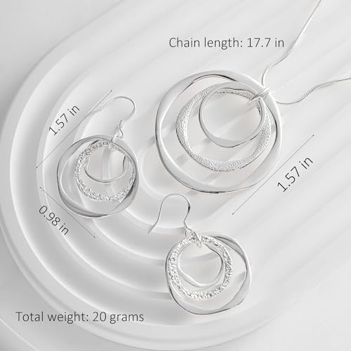 3 Circles Silver Hoop Earrings And Necklace Set For Women - 925 Plated Hypoallergenic Small Hoops