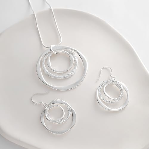 3 Circles Silver Hoop Earrings And Necklace Set For Women - 925 Plated Hypoallergenic Small Hoops