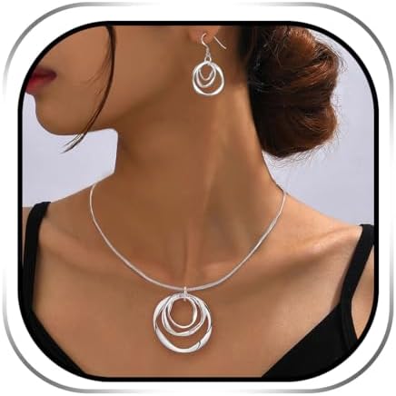 3 Circles Silver Hoop Earrings and Necklace Set for Women - 925 Plated Hypoallergenic Small Hoops