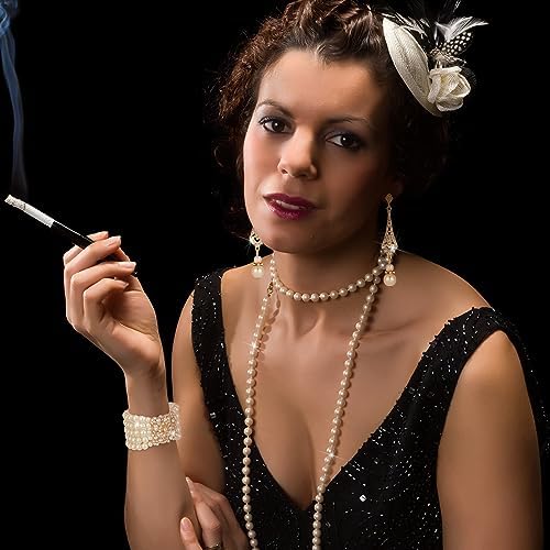 3 Pcs 1920s Pearl Jewelry Set - Including Pearl Necklace Dangle Rhinestone Earrings & Bracelet For Women's Halloween Party