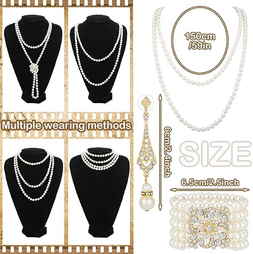 3 Pcs 1920s Pearl Jewelry Set - Including Pearl Necklace Dangle Rhinestone Earrings & Bracelet For Women's Halloween Party