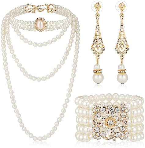 3 Pcs 1920s Pearl Jewelry Set - Including Pearl Necklace Dangle Rhinestone Earrings & Bracelet for Women's Halloween Party