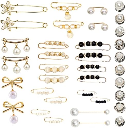36 Pcs Pearl Brooch Pins Sweater Shawl Clip Neckline Safety Pin Faux Rhinestones Brooches for Women Clothing Dress Pants Skirt Waist Decoration Accessories