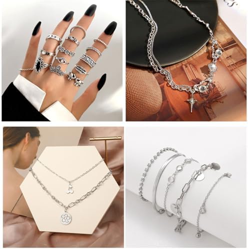 37pcs Silver Jewelry Set With 3 PCS Necklace 14 PCS Bracelet 7 PCS Ear Cuffs Earring 6pcs Hoop Earrings 7pcs Silver Rings Set For Women For Birthday Gifts