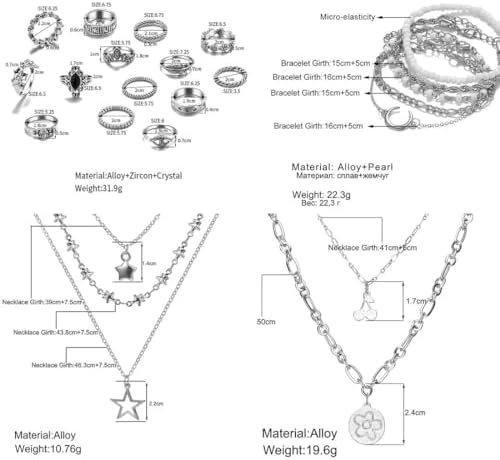 37pcs Silver Jewelry Set With 3 PCS Necklace 14 PCS Bracelet 7 PCS Ear Cuffs Earring 6pcs Hoop Earrings 7pcs Silver Rings Set For Women For Birthday Gifts