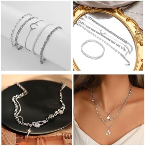 37pcs Silver Jewelry Set With 3 PCS Necklace 14 PCS Bracelet 7 PCS Ear Cuffs Earring 6pcs Hoop Earrings 7pcs Silver Rings Set For Women For Birthday Gifts