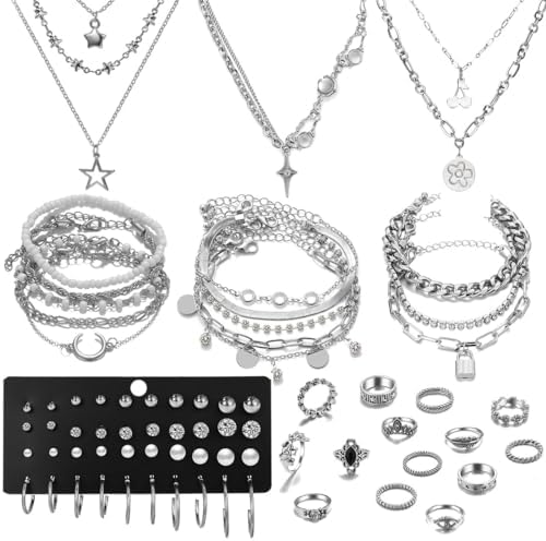 37pcs Silver Jewelry Set With 3 PCS Necklace 14 PCS Bracelet 7 PCS Ear Cuffs Earring 6pcs Hoop Earrings 7pcs silver rings set For Women For Birthday Gifts