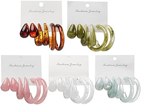 3Pairs Lightweight Minimalist Vintage Polished Teardrop Waterdrop C Shape Circle Round Cuff Acrylic Resin Hoop Earrings Colorful Thick Chunky Wide Thin Acetic Acid Earrinsg Set For Women