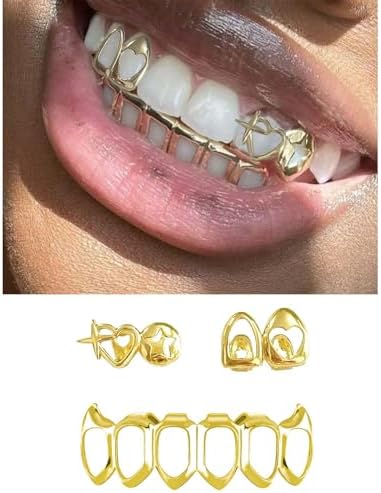 3PC Gold Grillz Set Open Face Hip Hop Teeth Jewelry Gold Plated Dental Caps For Top Bottom Removable Grills For Men Women (gold)