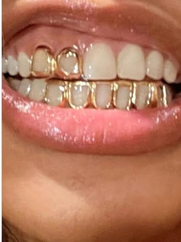3PC Gold Grillz Set Open Face Hip Hop Teeth Jewelry Gold Plated Dental Caps For Top Bottom Removable Grills For Men Women (gold)