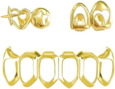 3PC Gold Grillz Set Open Face Hip Hop Teeth Jewelry Gold Plated Dental Caps for Top Bottom Removable Grills for Men Women (gold)